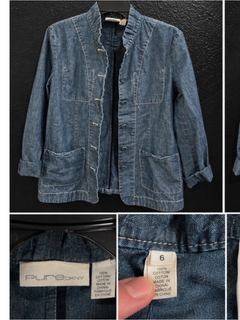 🔥 Pure DKNY 6 Cotton Chambray Ruffle Trim Utility Chore Shacket Jacket Blue